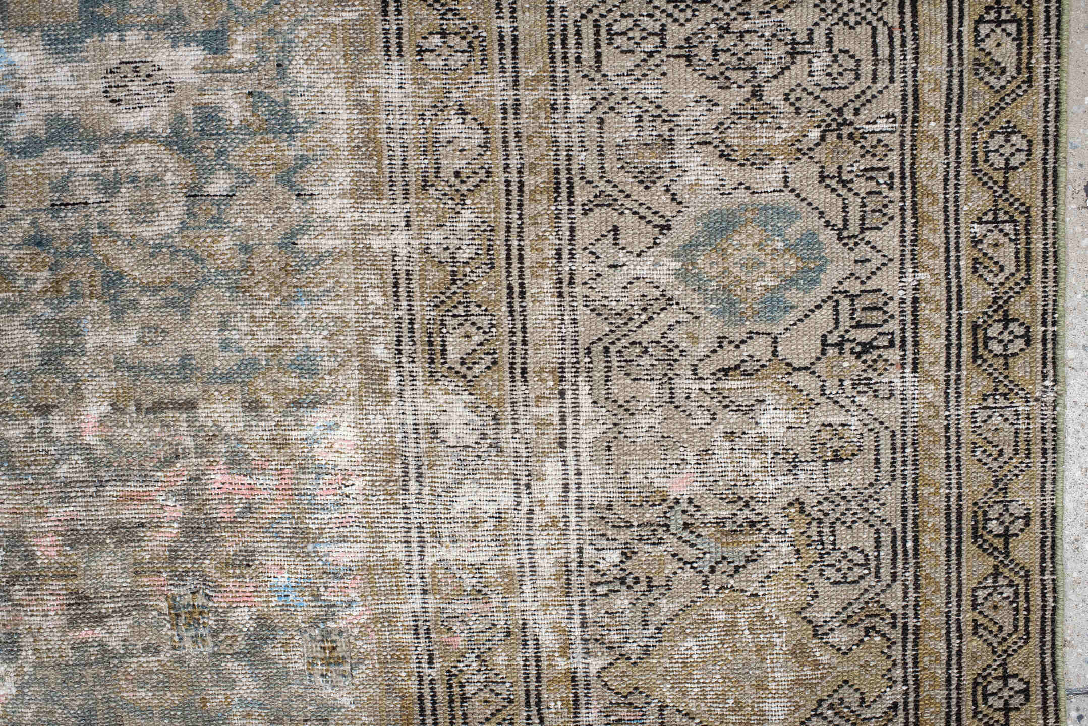 5' x 9' one-of-a-kind handmade vintage Malayer medium size rug. Color palette: taupe, ivory, beige, camel, pale blue, blush