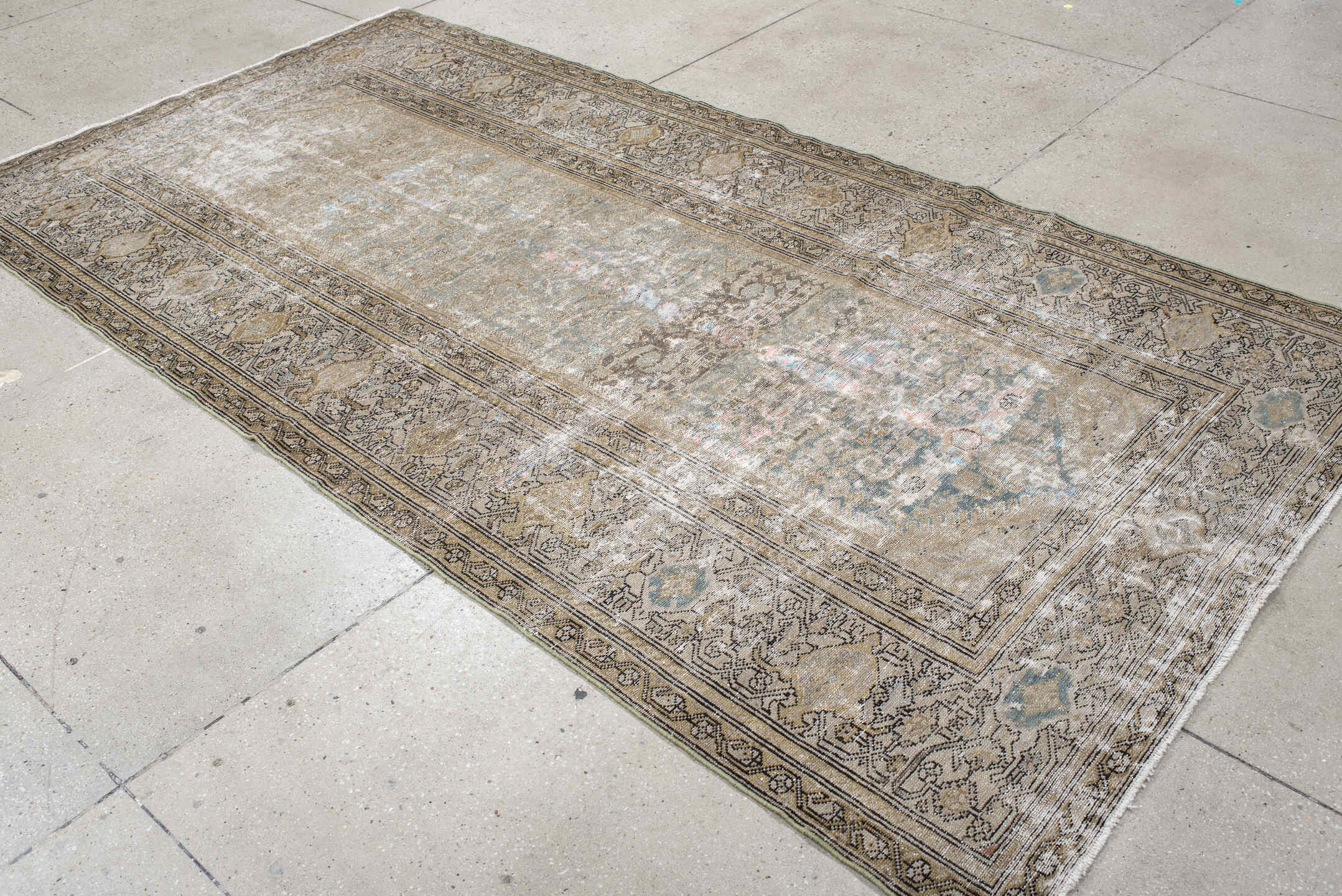 5' x 9' one-of-a-kind handmade vintage Malayer medium size rug. Color palette: taupe, ivory, beige, camel, pale blue, blush