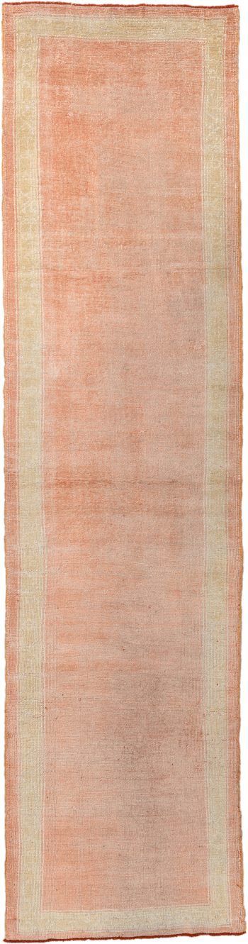 3' x 11' one-of-a-kind handmade vintage Oushak runner rug. Color palette: blush, ivory, peach, cream, apricot, pink