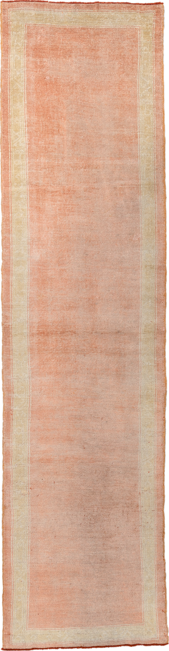 3' x 11' one-of-a-kind handmade vintage Oushak runner rug. Color palette: brown, off-white, orange, pink, wheat, yellow