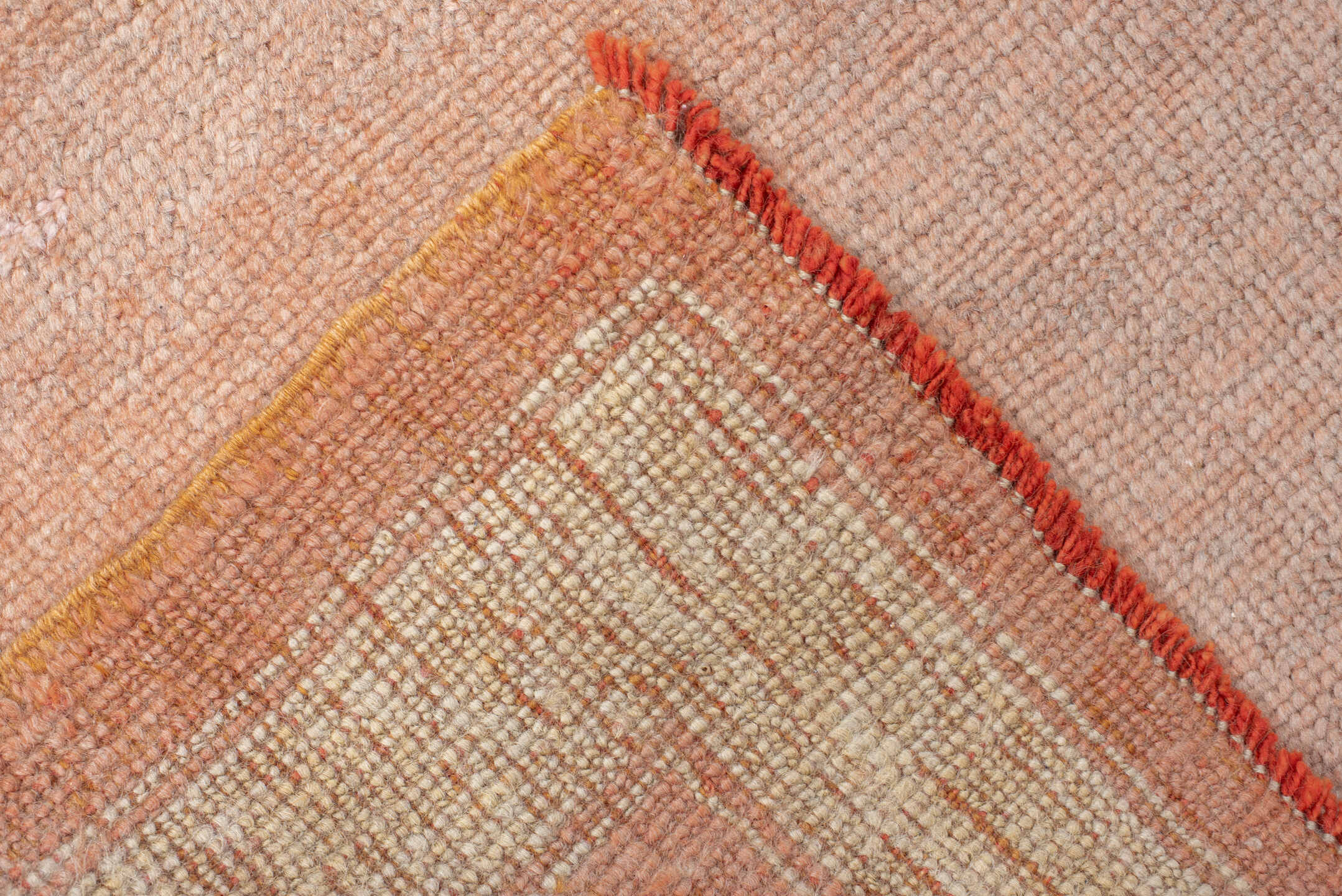 3' x 11' one-of-a-kind handmade vintage Oushak runner rug. Color palette: brown, off-white, orange, pink, wheat, yellow