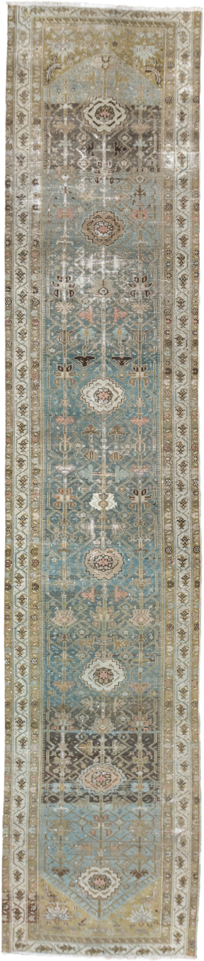 3' x 16' one-of-a-kind handmade vintage Malayer runner rug. Color palette: sky blue, ivory, taupe, beige, charcoal, blush