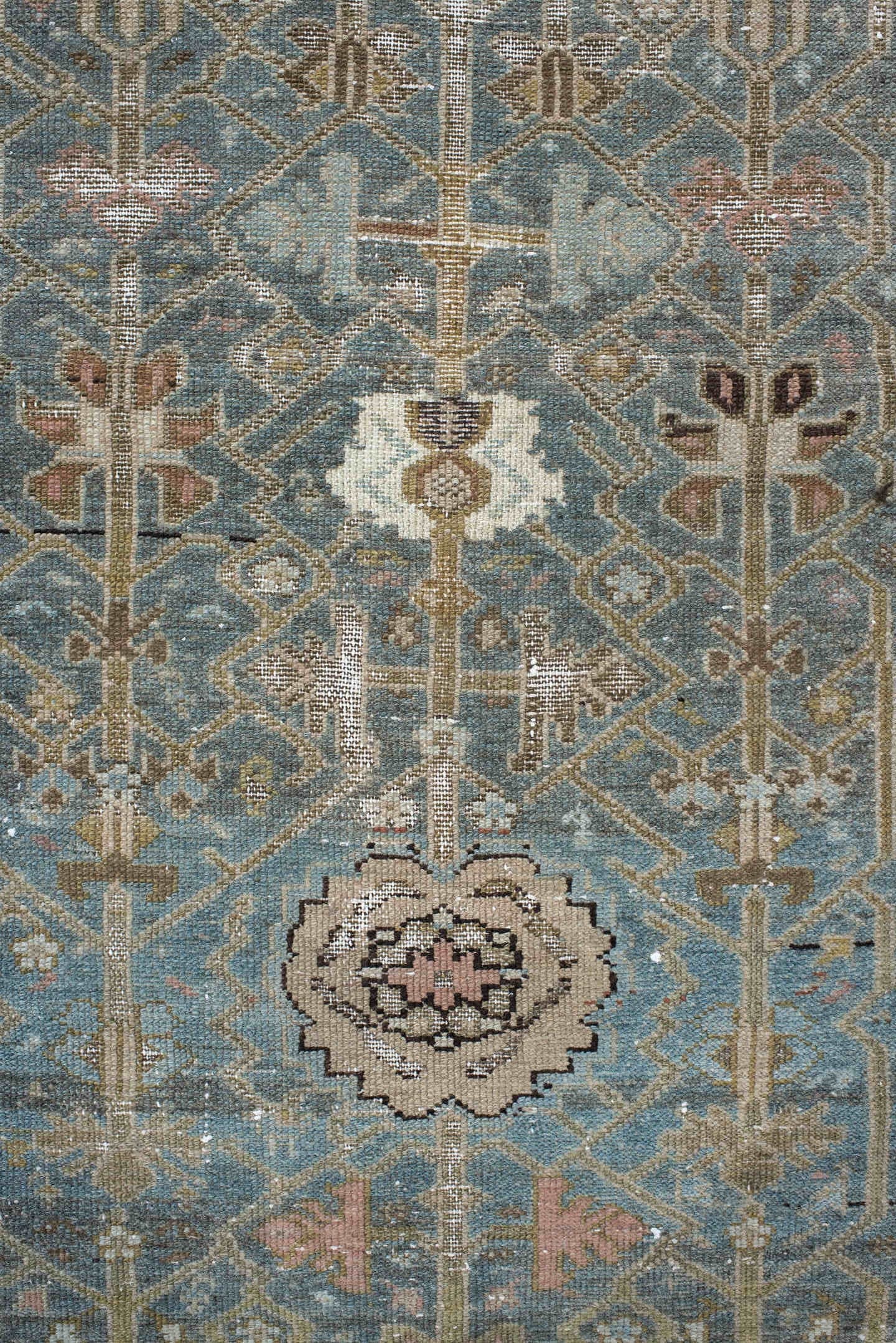 3' x 16' one-of-a-kind handmade vintage Malayer runner rug. Color palette: sky blue, ivory, taupe, beige, charcoal, blush
