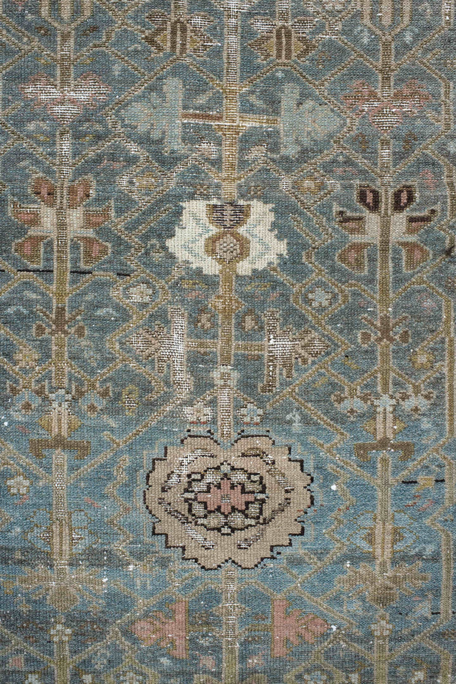 3' x 16' one-of-a-kind handmade vintage Malayer runner rug. Color palette: sky blue, ivory, taupe, beige, charcoal, blush