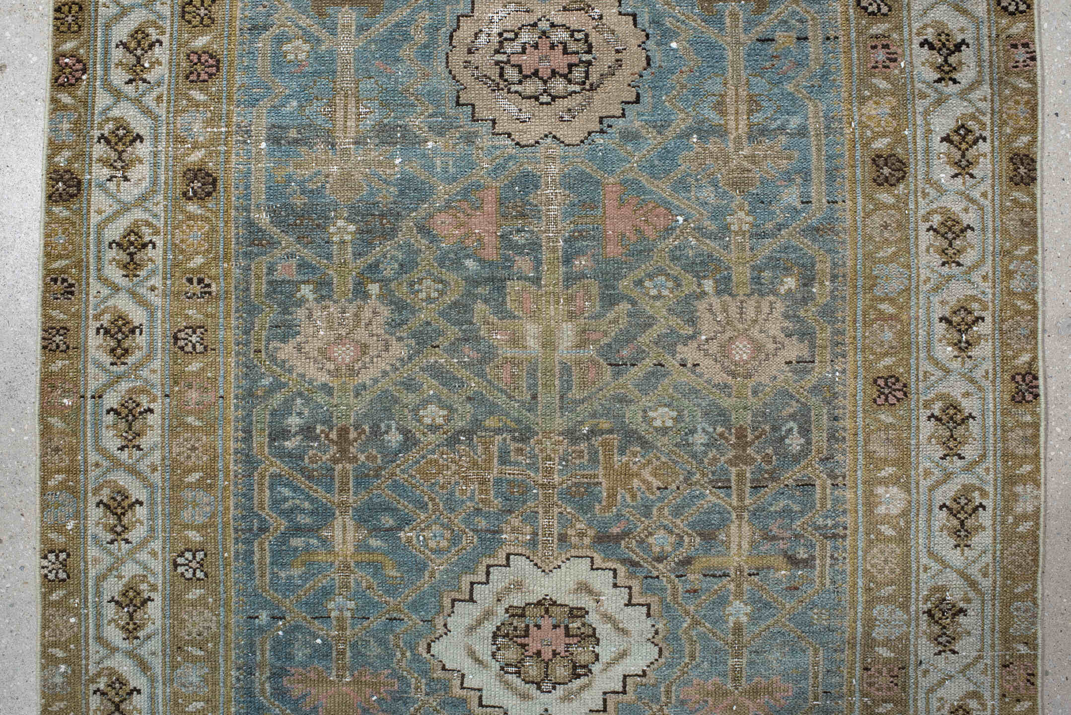 3' x 16' one-of-a-kind handmade vintage Malayer runner rug. Color palette: sky blue, ivory, taupe, beige, charcoal, blush