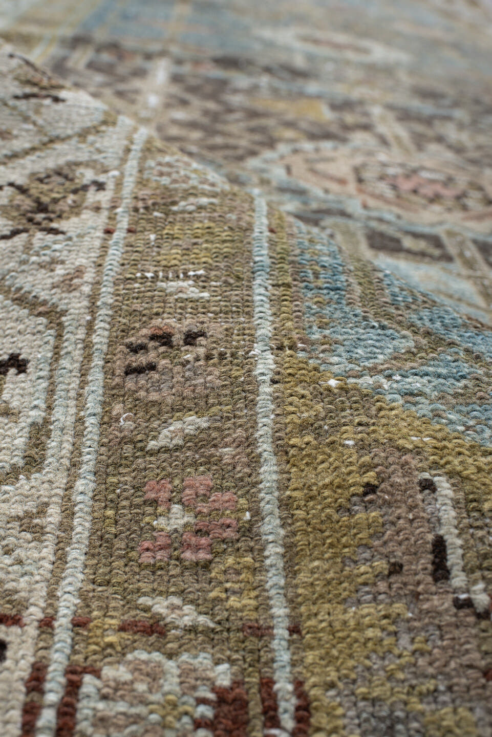 3' x 16' one-of-a-kind handmade vintage Malayer runner rug. Color palette: sky blue, ivory, taupe, beige, charcoal, blush