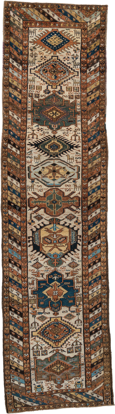 3' x 12' one-of-a-kind handmade vintage NW Persian runner rug. Color palette: ivory, rust, camel, blue, brown, teal, taupe