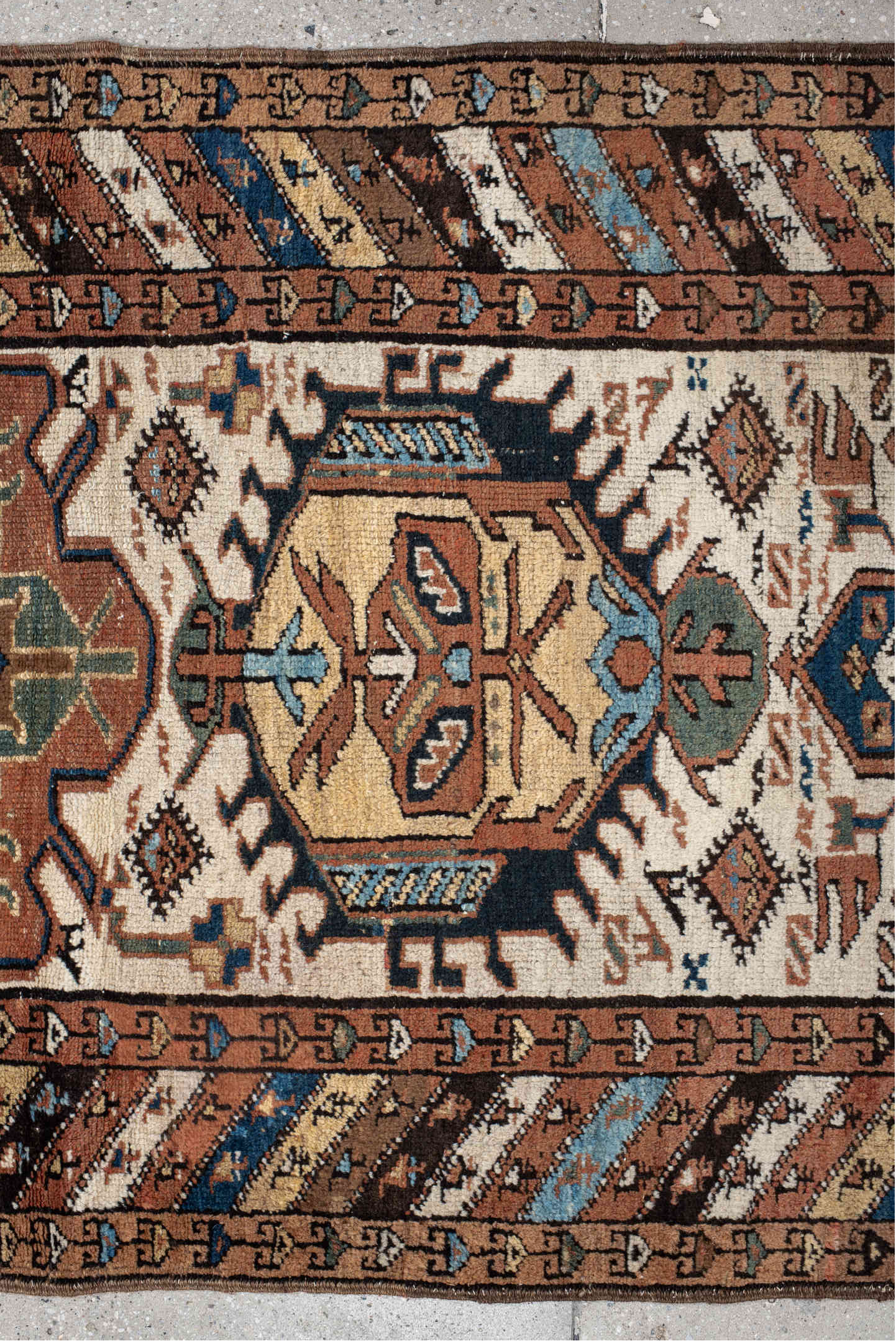 3' x 12' one-of-a-kind handmade vintage NW Persian runner rug. Color palette: arapawa, black, blue, brown, gray, light gray