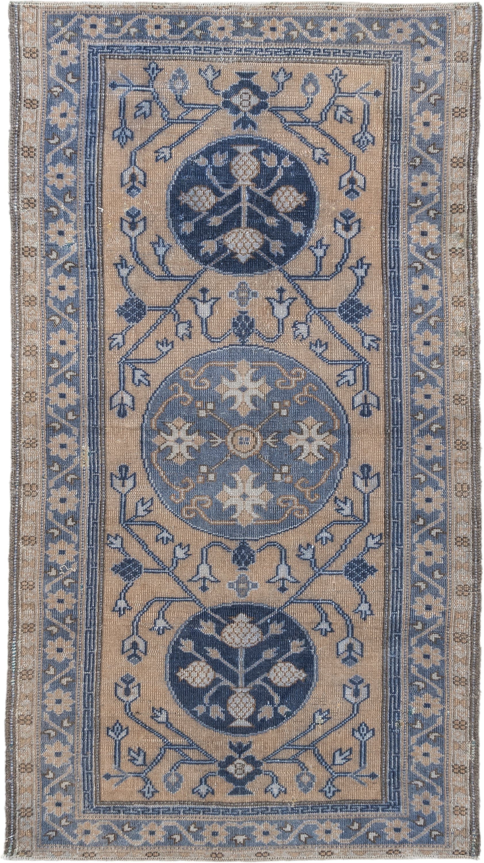 3' x 5' one-of-a-kind handmade vintage Caucasian small size rug. Color palette: beige, blue, ivory, slate, taupe, gray