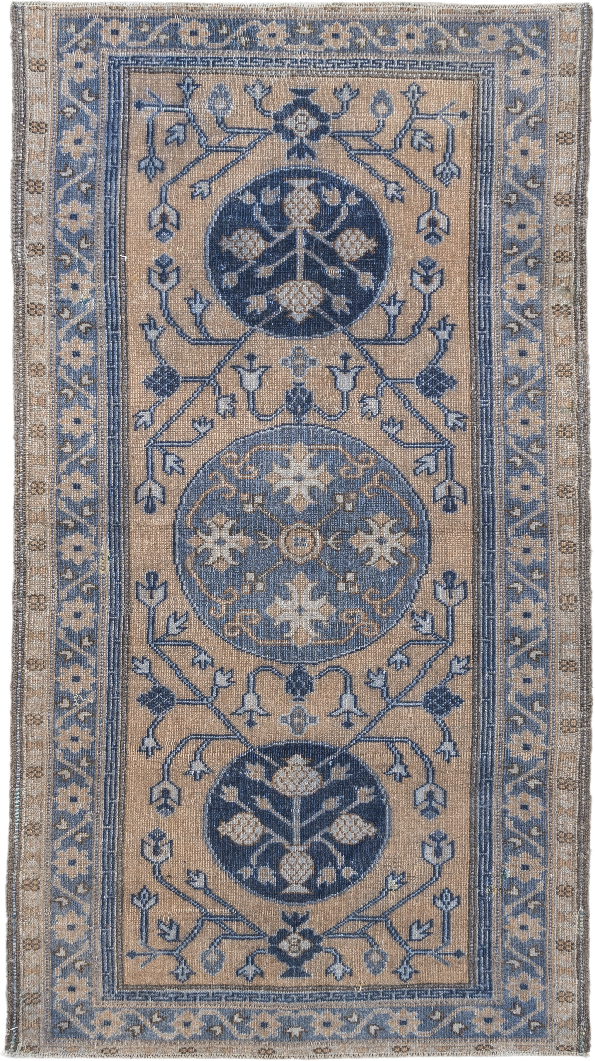 3' x 5' one-of-a-kind handmade vintage Caucasian small size rug. Color palette: beige, blue, ivory, slate, taupe, gray