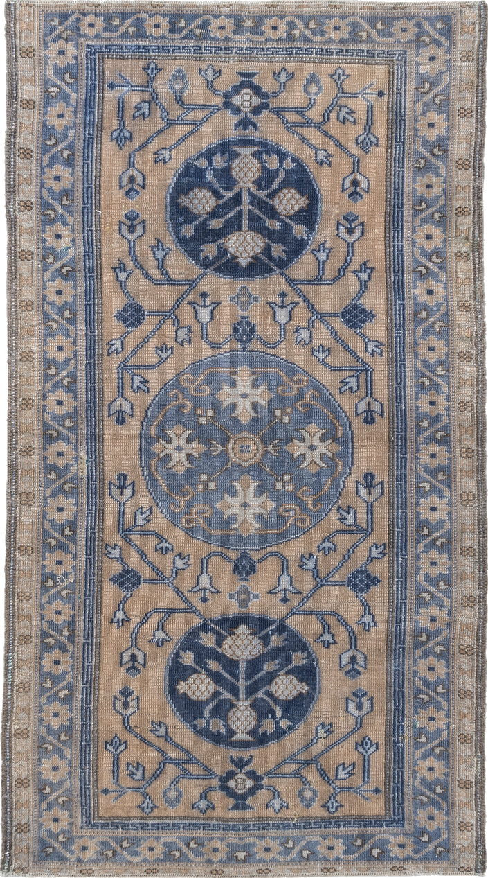 3' x 5' one-of-a-kind handmade vintage Caucasian small size rug. Color palette: black, blue, dark gray, fiord, gray