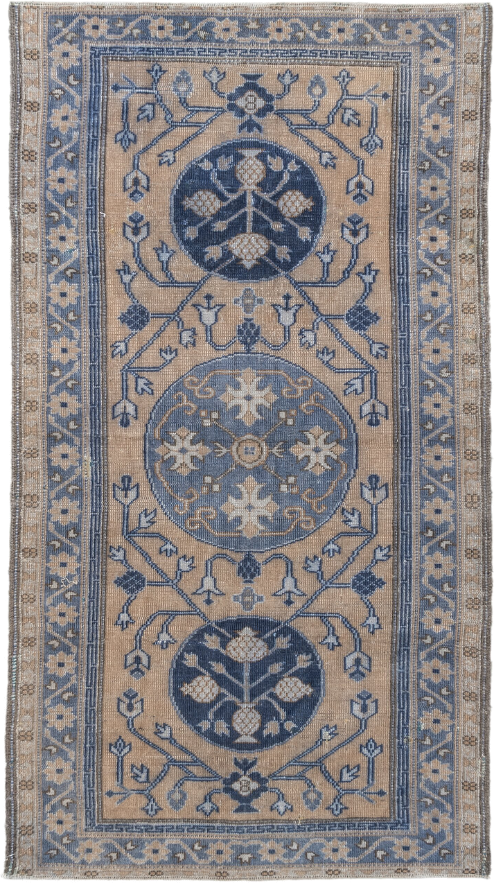 3' x 5' one-of-a-kind handmade vintage Caucasian small size rug. Color palette: beige, blue, ivory, slate, taupe, gray