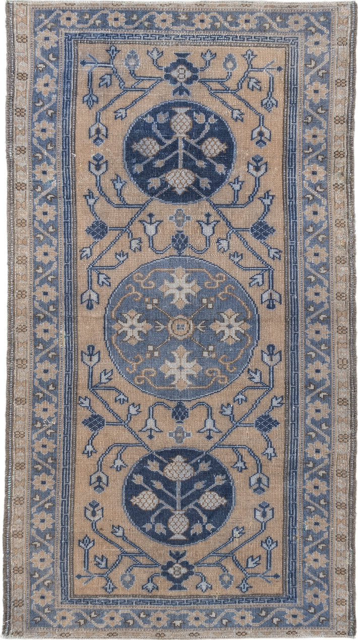 3' x 5' one-of-a-kind handmade vintage Caucasian small size rug. Color palette: black, blue, dark gray, fiord, gray
