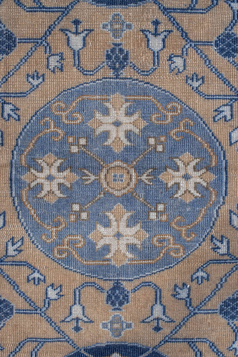 3' x 5' one-of-a-kind handmade vintage Caucasian small size rug. Color palette: beige, blue, ivory, slate, taupe, gray