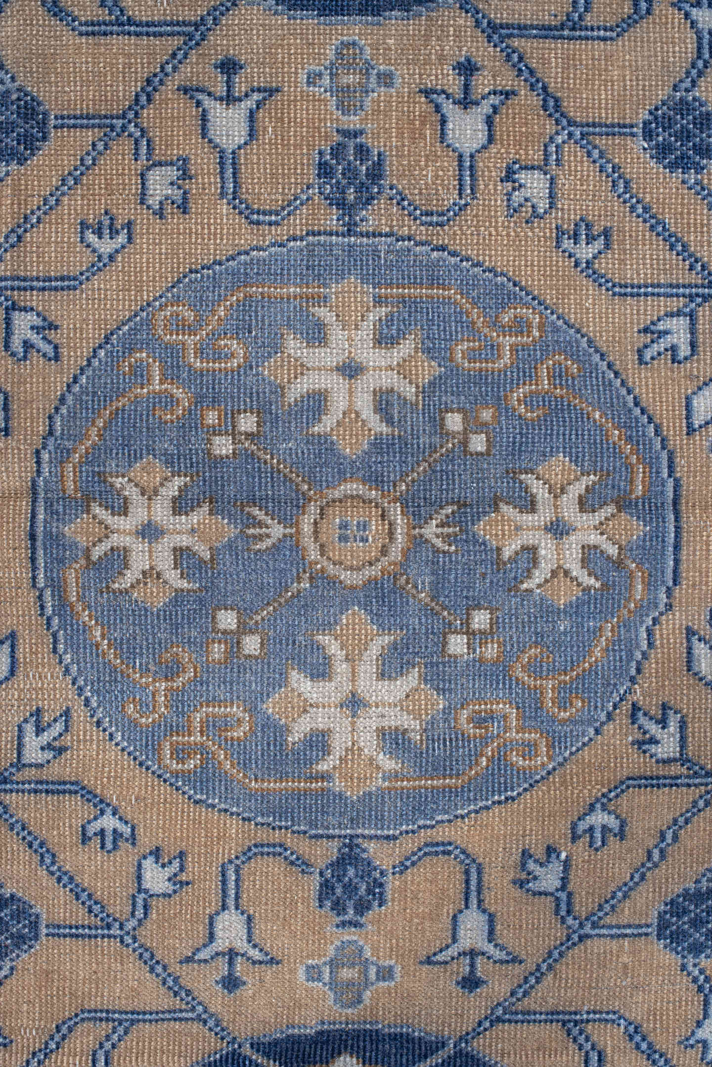 3' x 5' one-of-a-kind handmade vintage Caucasian small size rug. Color palette: beige, blue, ivory, slate, taupe, gray