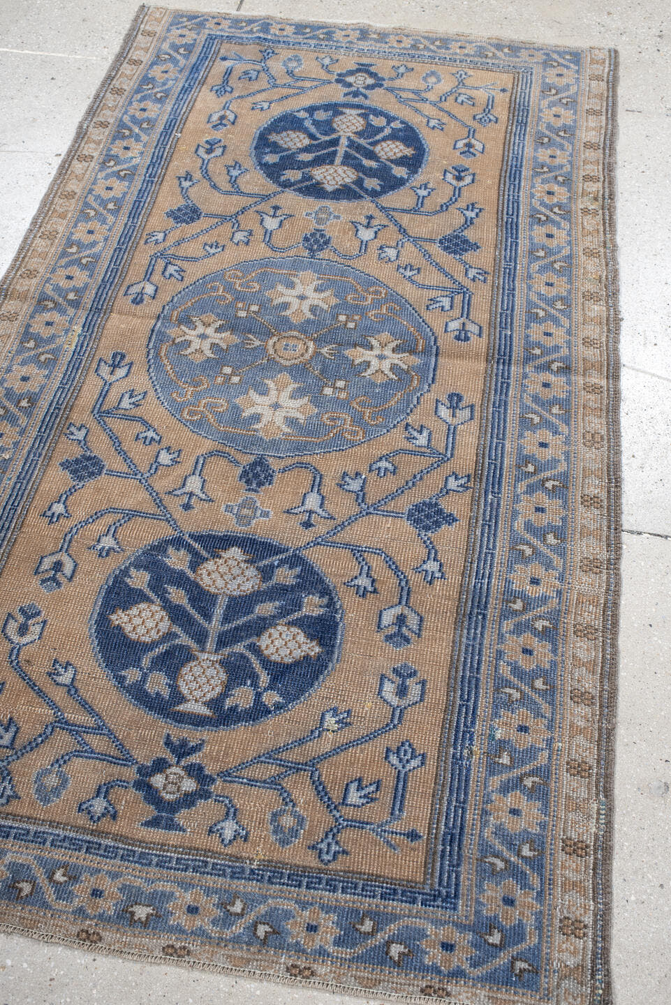 3' x 5' one-of-a-kind handmade vintage Caucasian small size rug. Color palette: beige, blue, ivory, slate, taupe, gray