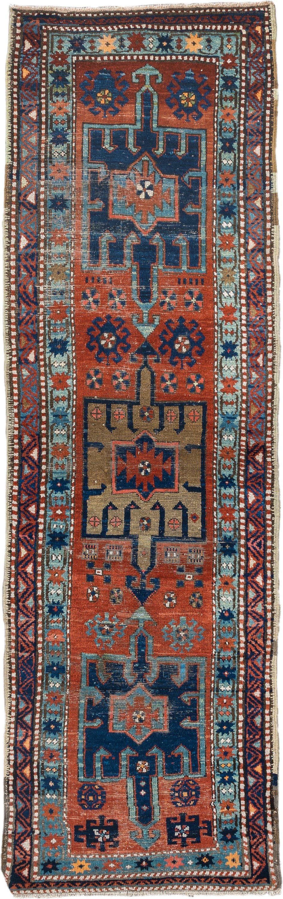 2' x 8' one-of-a-kind handmade vintage Heriz runner rug. Color palette: rust, navy, sky blue, ivory, camel, coral, charcoal