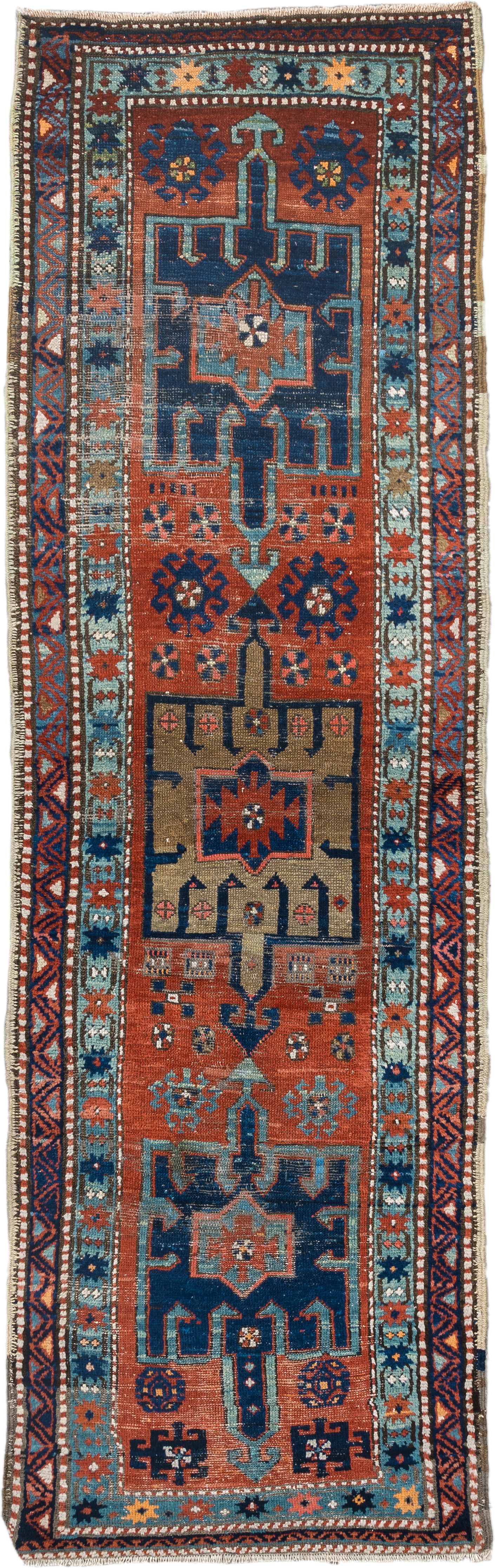 2' x 8' one-of-a-kind handmade vintage Heriz runner rug. Color palette: rust, navy, sky blue, ivory, camel, coral, charcoal