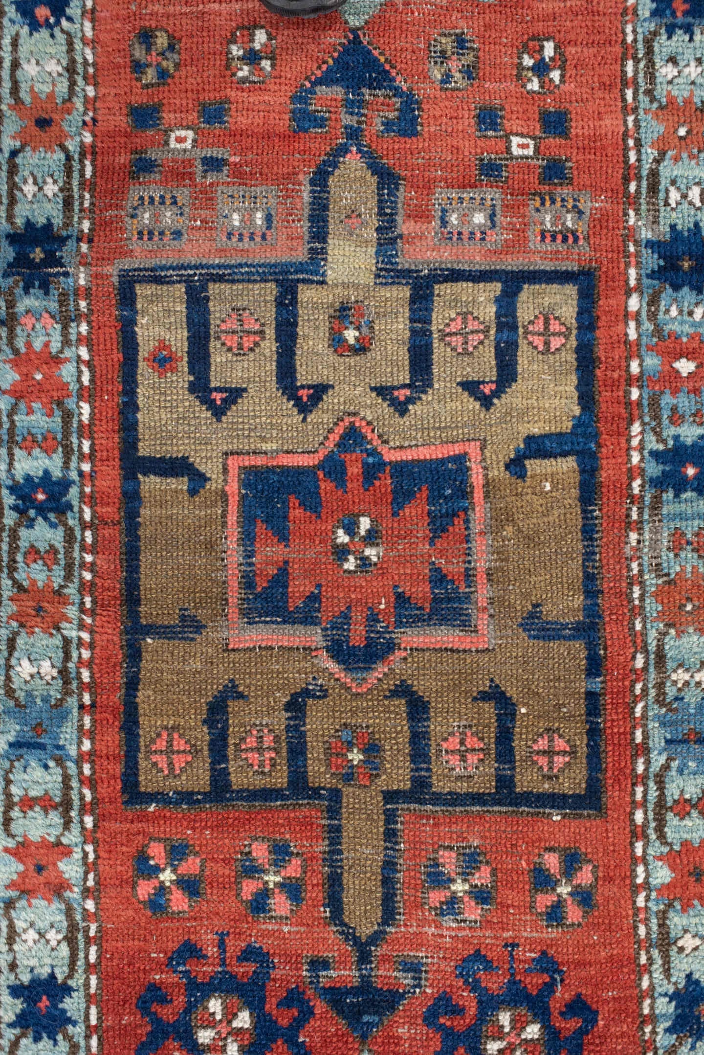 2' x 8' one-of-a-kind handmade vintage Heriz runner rug. Color palette: rust, navy, sky blue, ivory, camel, coral, charcoal