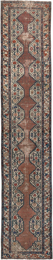 2' x 13' one-of-a-kind handmade vintage NW Persian runner rug. Color palette: ivory, rust, navy, terra cotta, indigo, camel