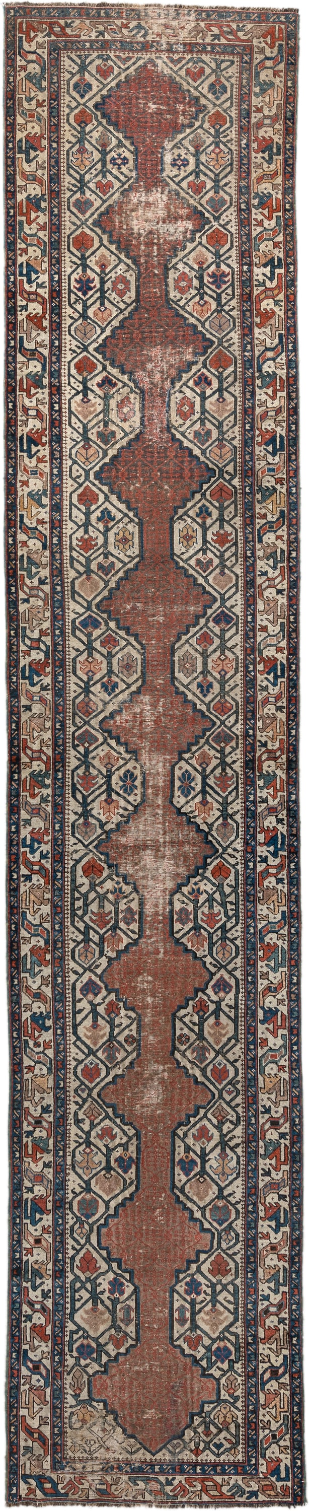 2' x 13' one-of-a-kind handmade vintage NW Persian runner rug. Color palette: ivory, rust, navy, terra cotta, indigo, camel