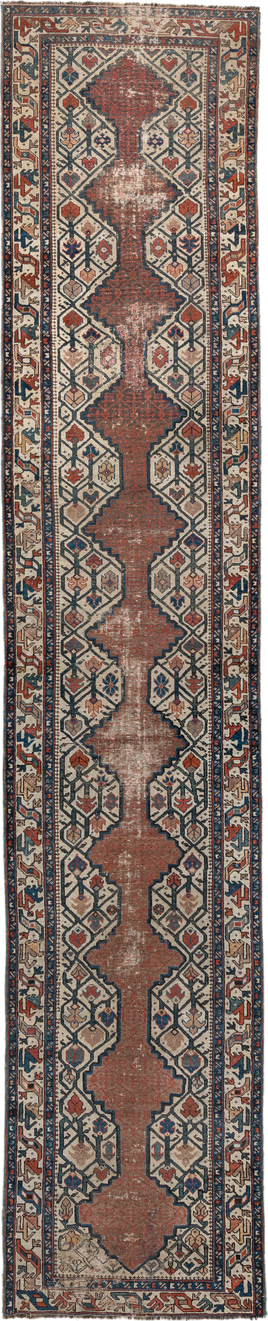 2' x 13' one-of-a-kind handmade vintage NW Persian runner rug. Color palette: ivory, rust, navy, terra cotta, indigo, camel