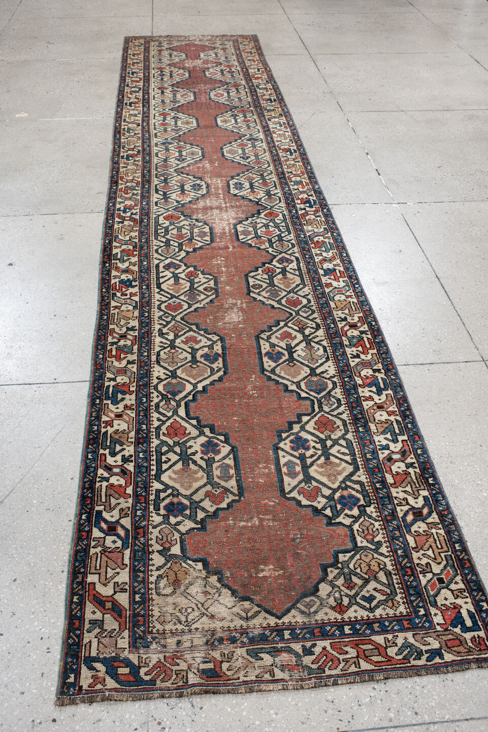 2' x 13' one-of-a-kind handmade vintage NW Persian runner rug. Color palette: ivory, rust, navy, terra cotta, indigo, camel