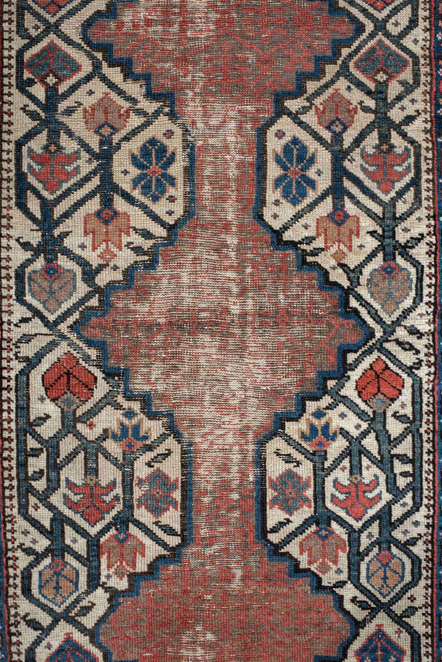 2' x 13' one-of-a-kind handmade vintage NW Persian runner rug. Color palette: ivory, rust, navy, terra cotta, indigo, camel