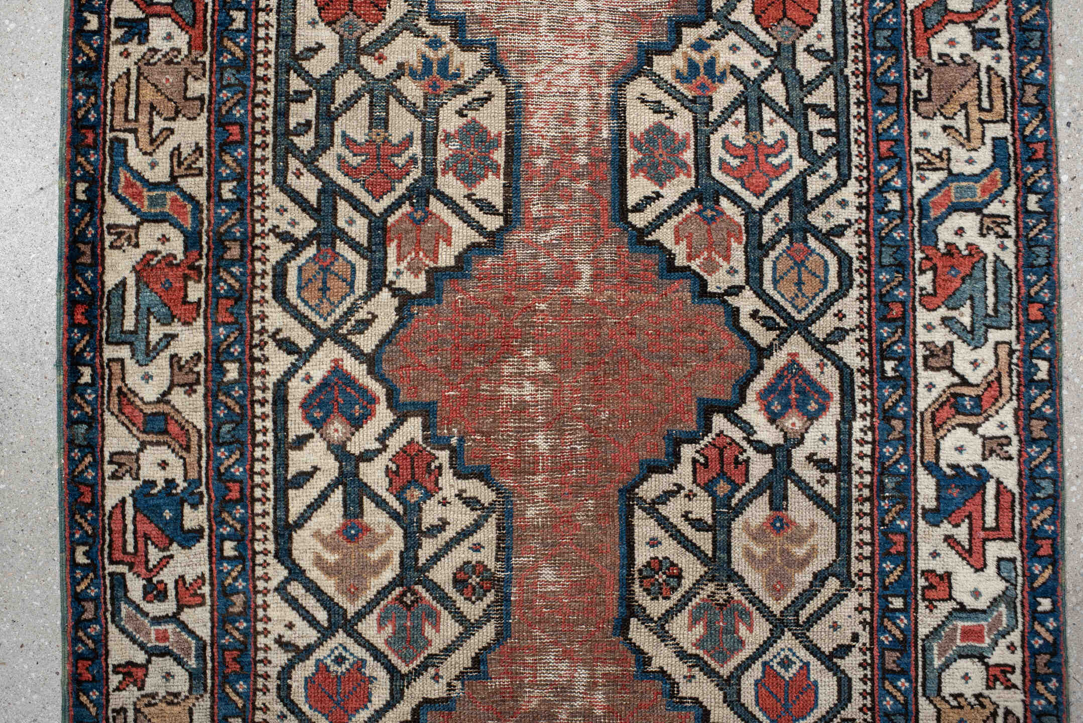 2' x 13' one-of-a-kind handmade vintage NW Persian runner rug. Color palette: ivory, rust, navy, terra cotta, indigo, camel
