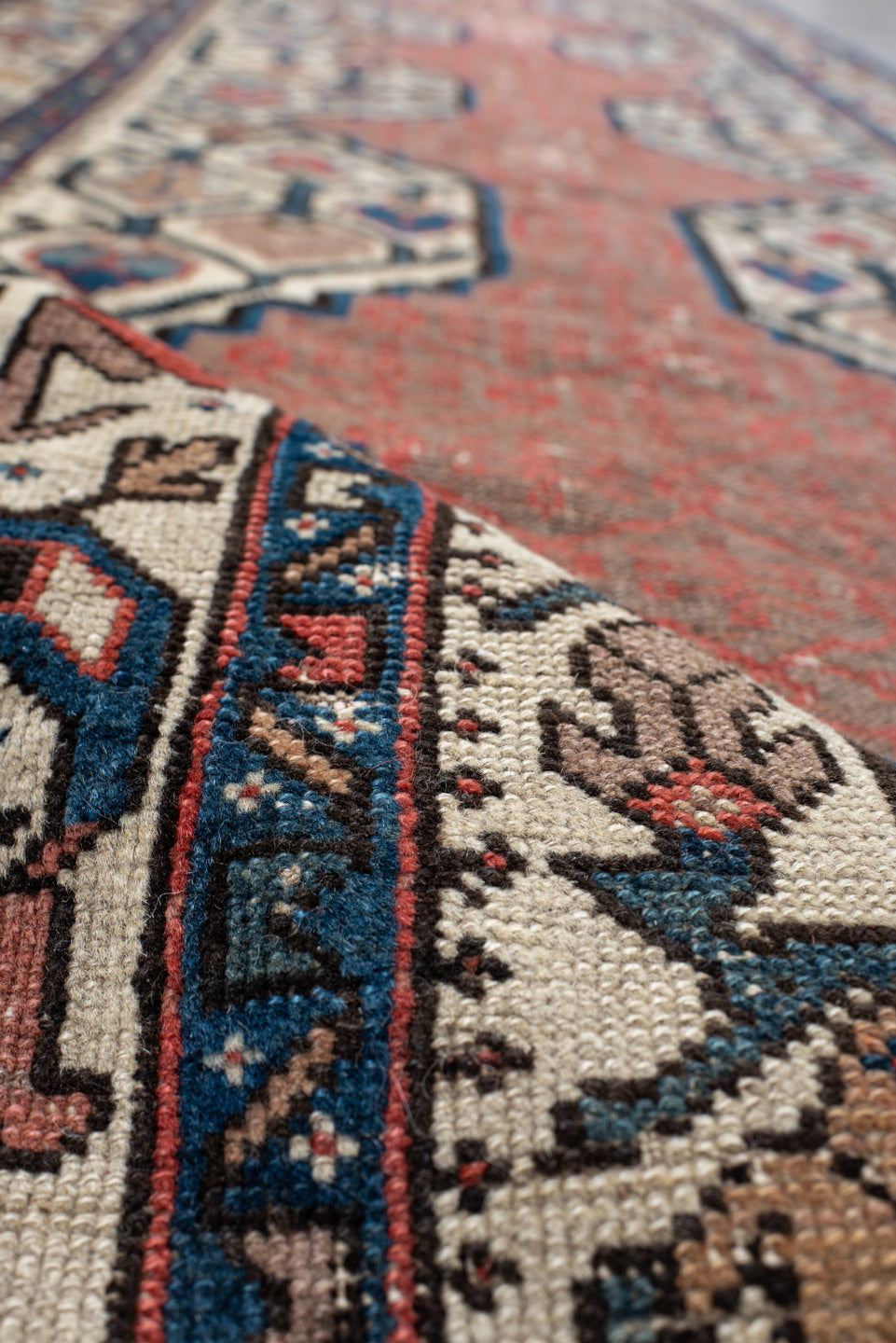 2' x 13' one-of-a-kind handmade vintage NW Persian runner rug. Color palette: ivory, rust, navy, terra cotta, indigo, camel