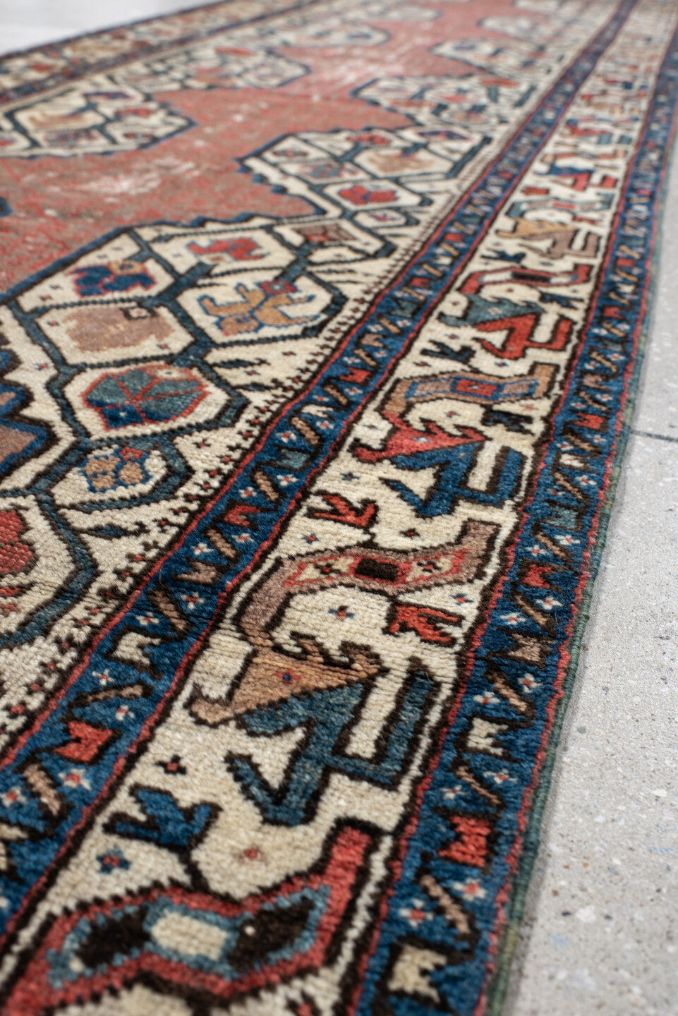 2' x 13' one-of-a-kind handmade vintage NW Persian runner rug. Color palette: ivory, rust, navy, terra cotta, indigo, camel