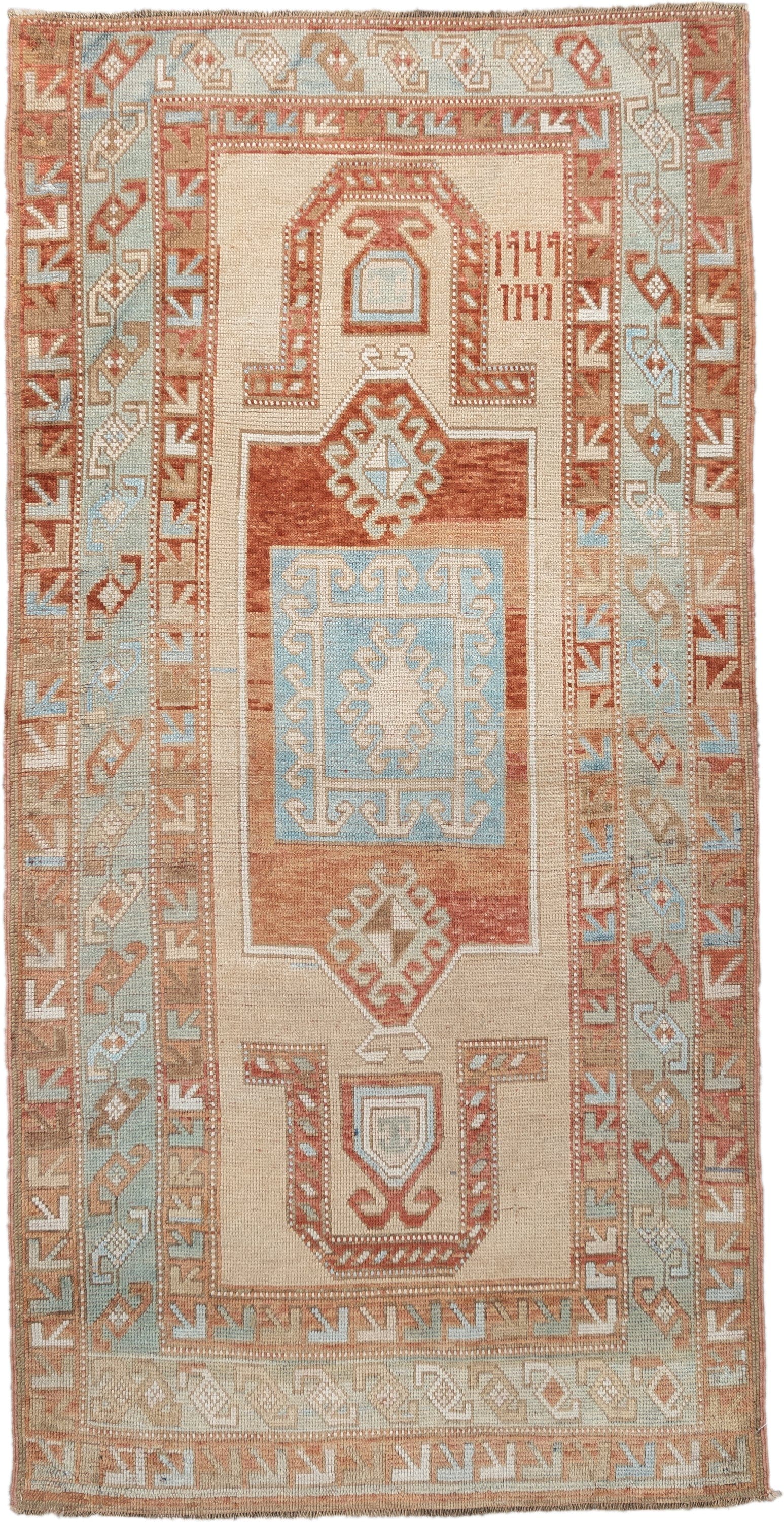3' x 6' one-of-a-kind handmade vintage Caucasian small size rug. Color palette: ivory, rust, sky blue, camel, taupe