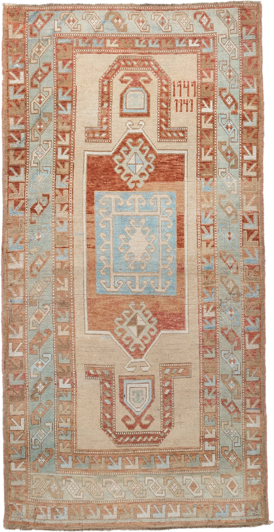 3' x 6' one-of-a-kind handmade vintage Caucasian small size rug. Color palette: ivory, rust, sky blue, camel, taupe