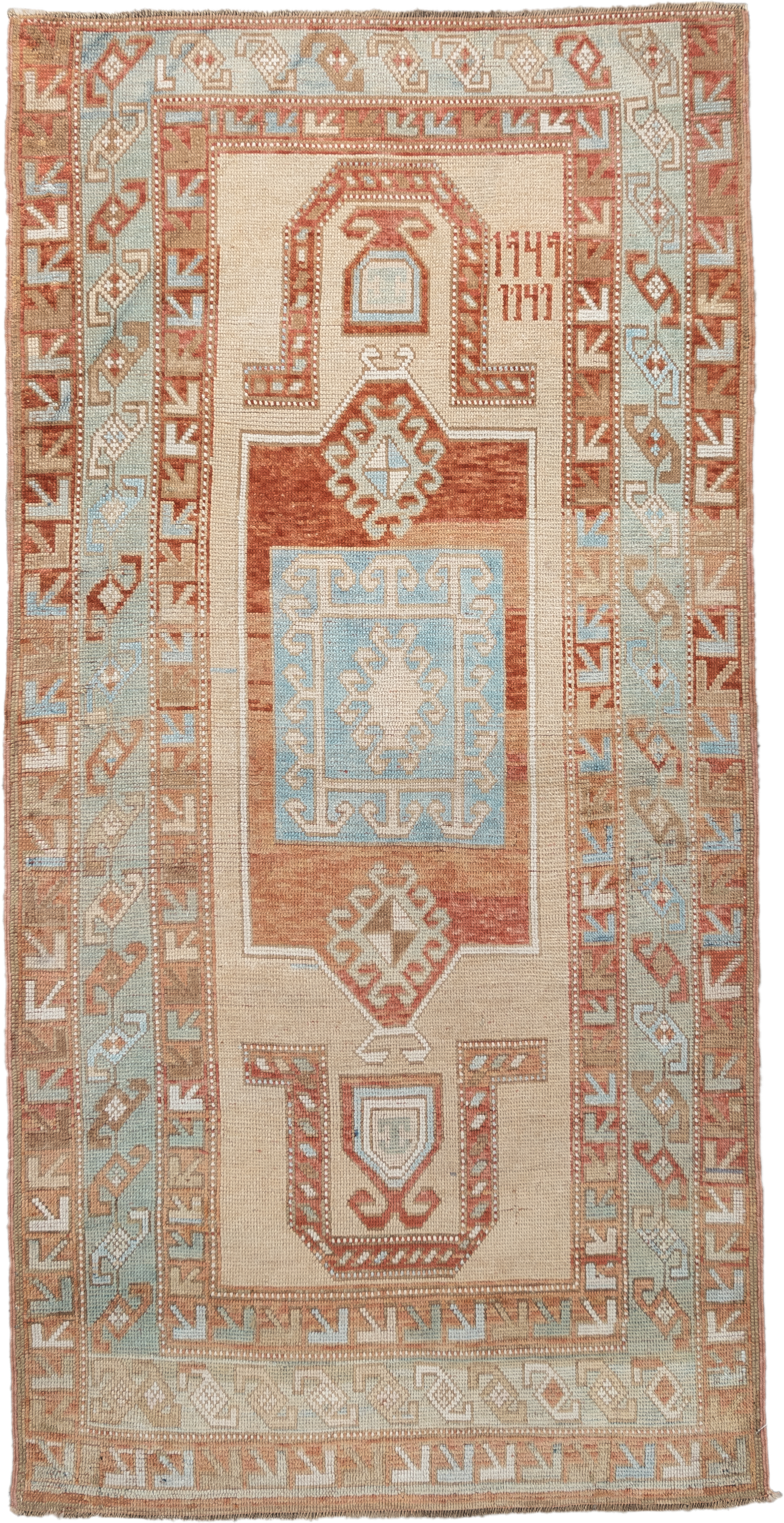 3' x 6' one-of-a-kind handmade vintage Caucasian small size rug. Color palette: ivory, rust, sky blue, camel, taupe