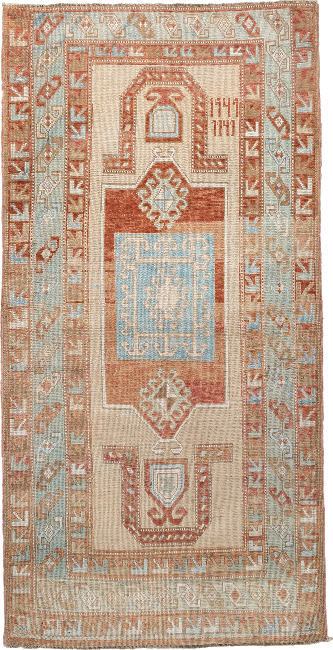 3' x 6' one-of-a-kind handmade vintage Caucasian small size rug. Color palette: bisque, brown, gray, light blue, light gray
