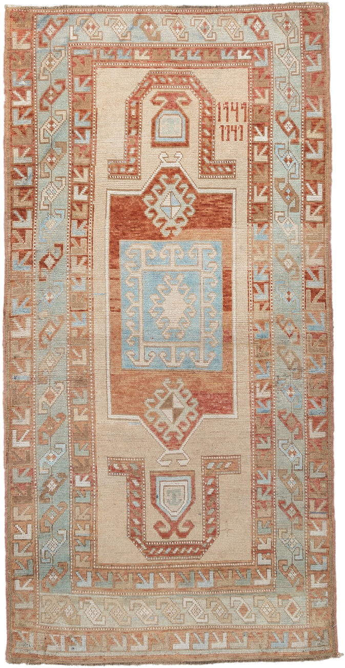 3' x 6' one-of-a-kind handmade vintage Caucasian small size rug. Color palette: ivory, rust, sky blue, camel, taupe