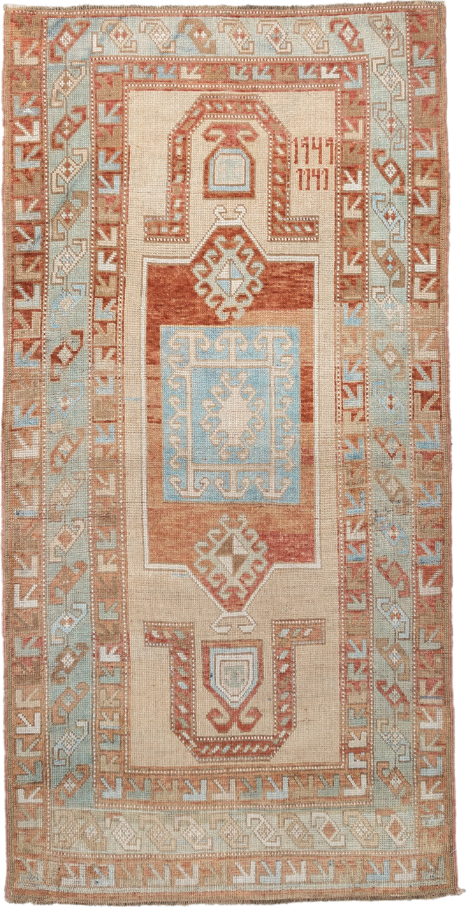 3' x 6' one-of-a-kind handmade vintage Caucasian small size rug. Color palette: bisque, brown, gray, light blue, light gray