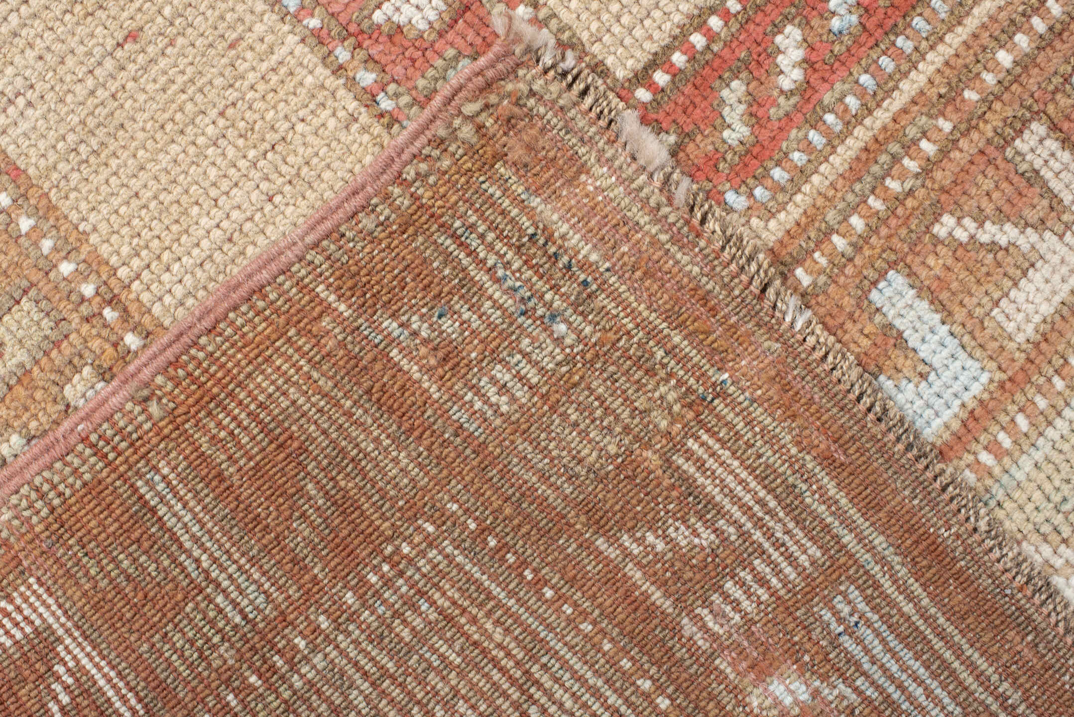 3' x 6' one-of-a-kind handmade vintage Caucasian small size rug. Color palette: ivory, rust, sky blue, camel, taupe