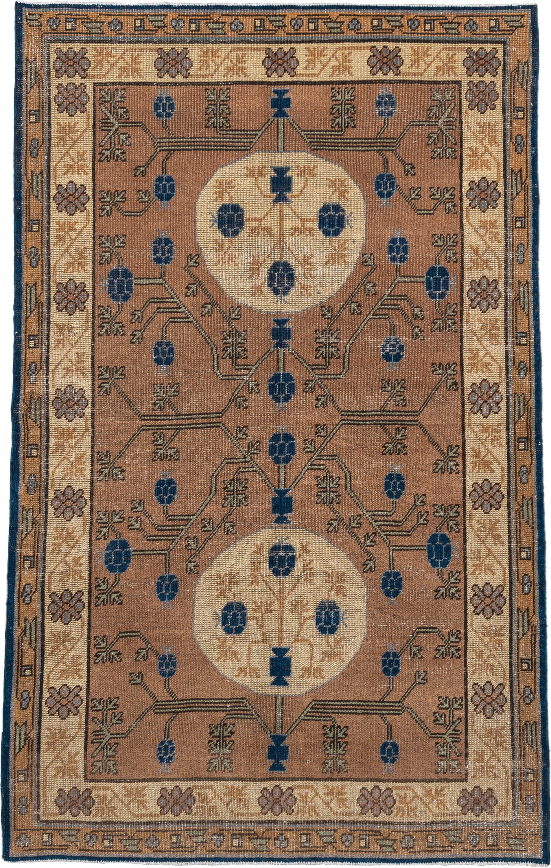 4' x 6' one-of-a-kind handmade vintage Khotan small size rug. Color palette: camel, ivory, indigo, taupe, brown, slate