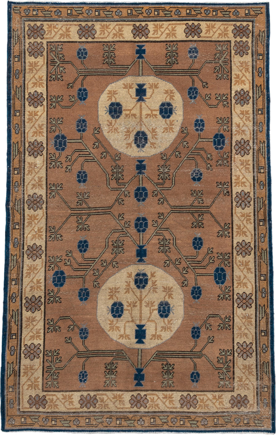 4' x 6' one-of-a-kind handmade vintage Khotan small size rug. Color palette: camel, ivory, indigo, taupe, brown, slate