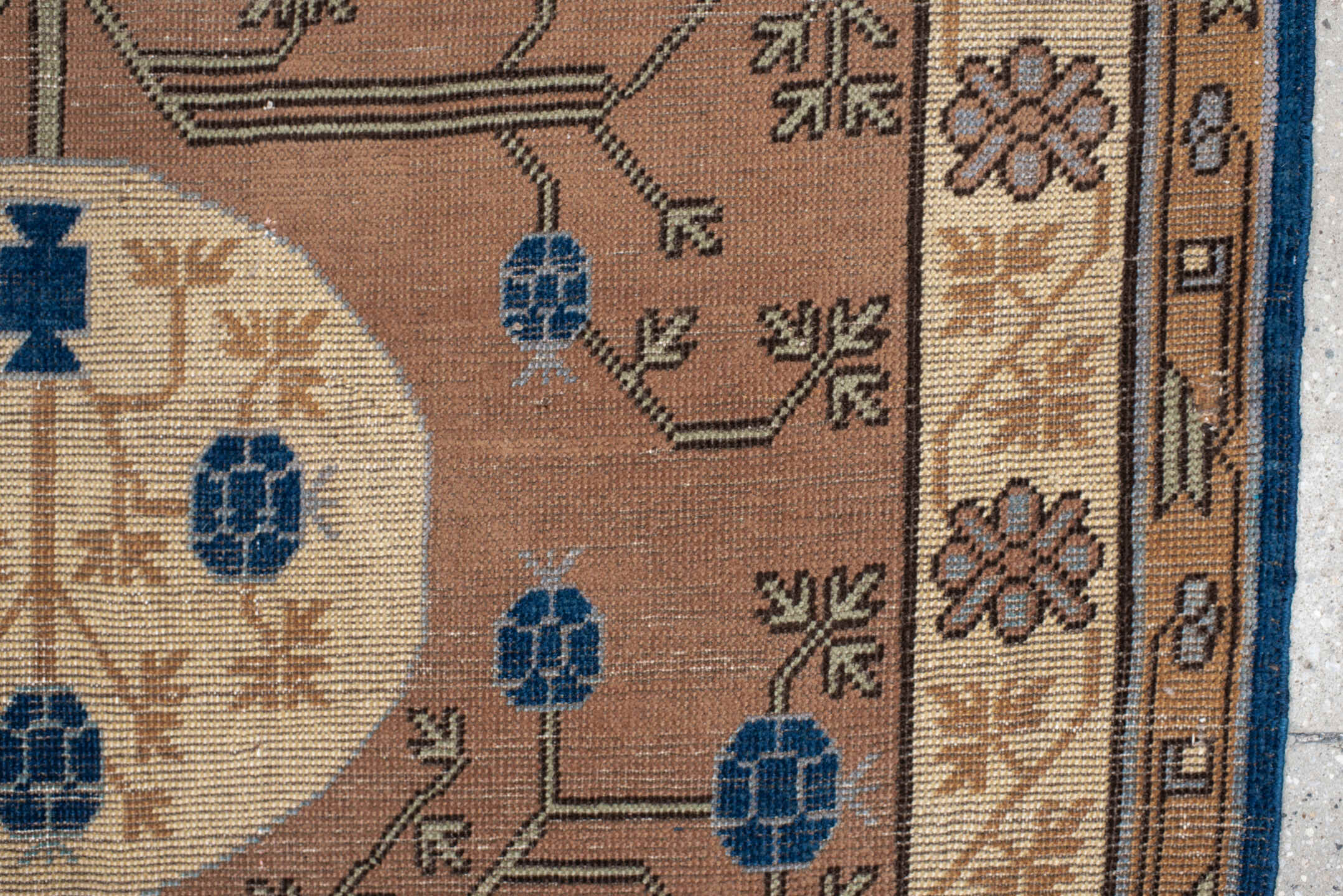 4' x 6' one-of-a-kind handmade vintage Khotan small size rug. Color palette: camel, ivory, indigo, taupe, brown, slate