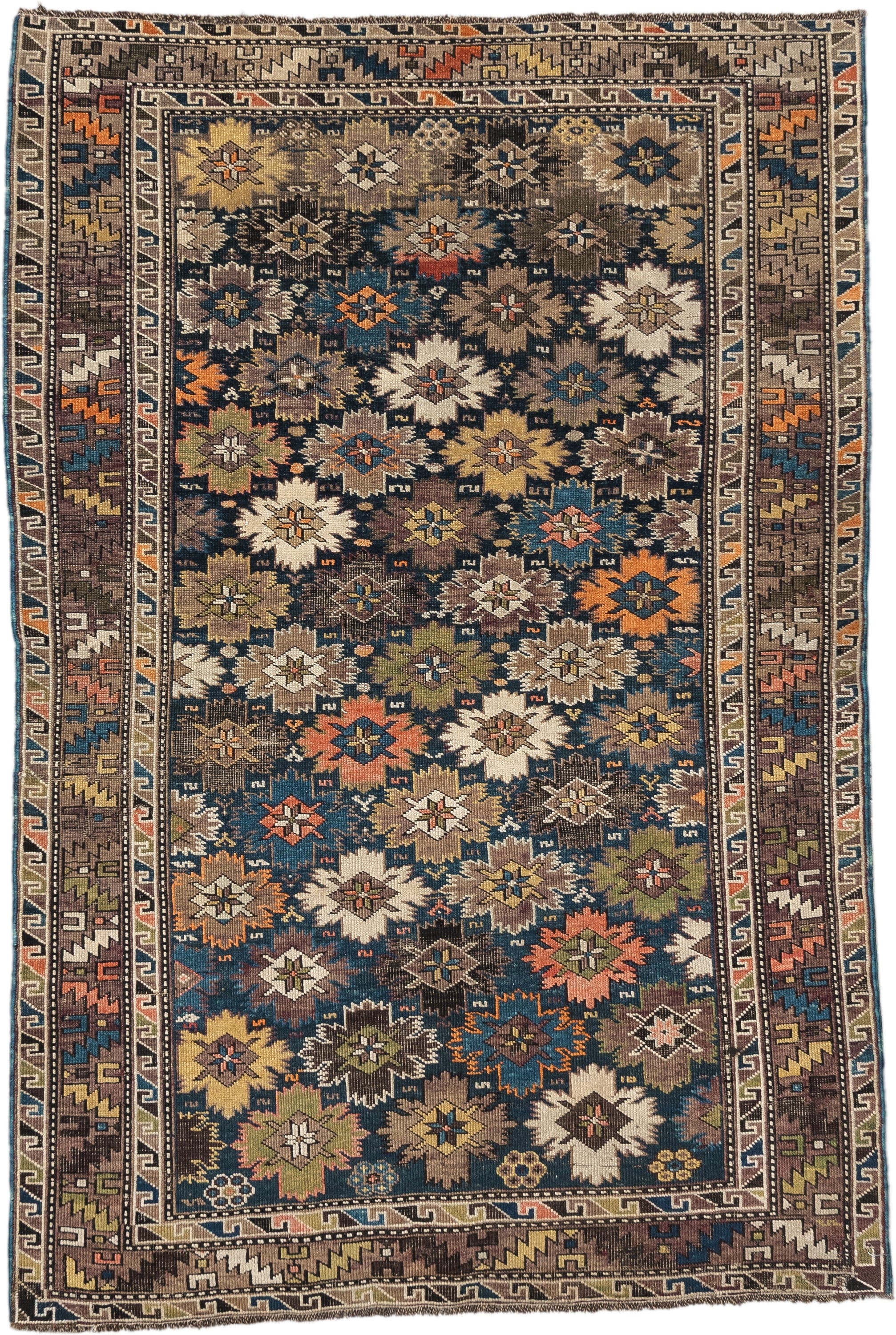 3' x 5' one-of-a-kind handmade vintage Shirvan small size rug. Color palette: brown, navy, ivory, taupe, rust, gold, sage