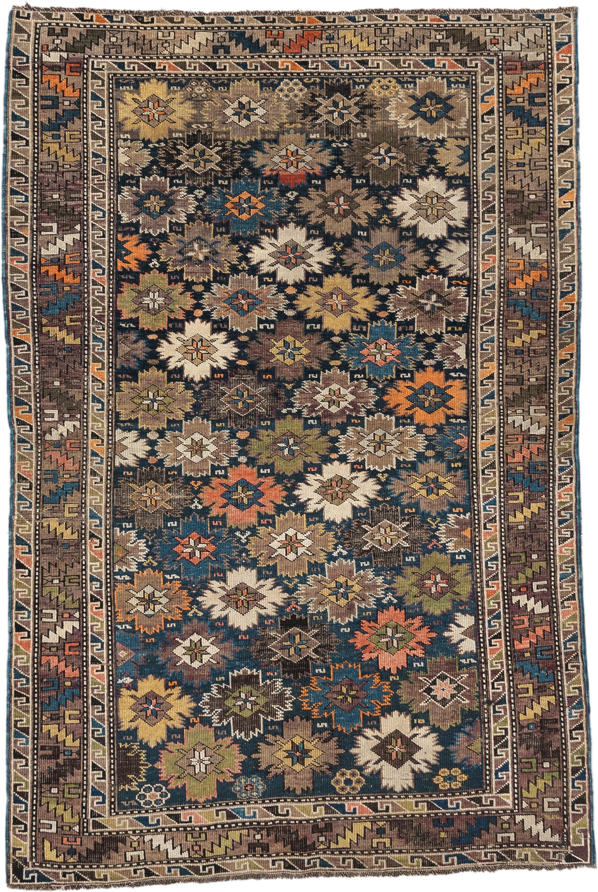 3' x 5' one-of-a-kind handmade vintage Shirvan small size rug. Color palette: brown, navy, ivory, taupe, rust, gold, sage