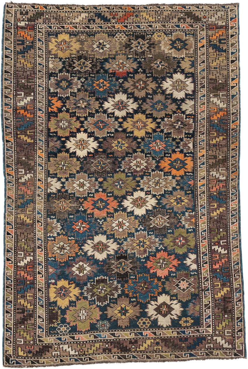 3' x 5' one-of-a-kind handmade vintage Shirvan small size rug. Color palette: brown, navy, ivory, taupe, rust, gold, sage