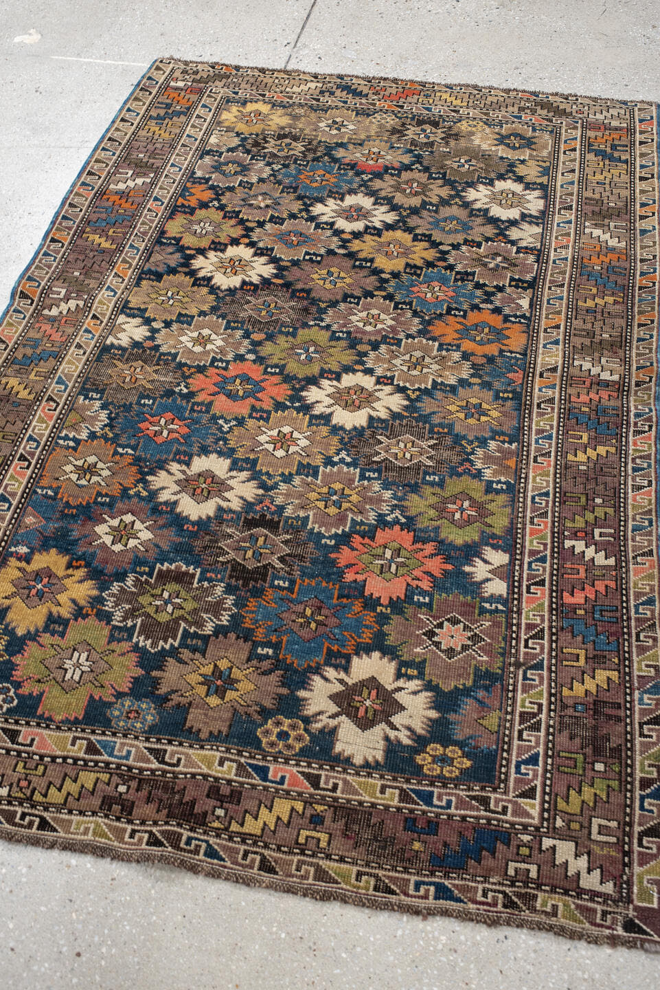 3' x 5' one-of-a-kind handmade vintage Shirvan small size rug. Color palette: brown, navy, ivory, taupe, rust, gold, sage