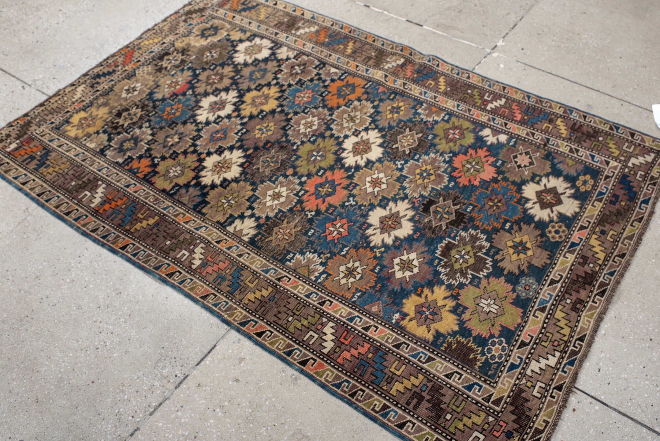 3' x 5' one-of-a-kind handmade vintage Shirvan small size rug. Color palette: brown, navy, ivory, taupe, rust, gold, sage