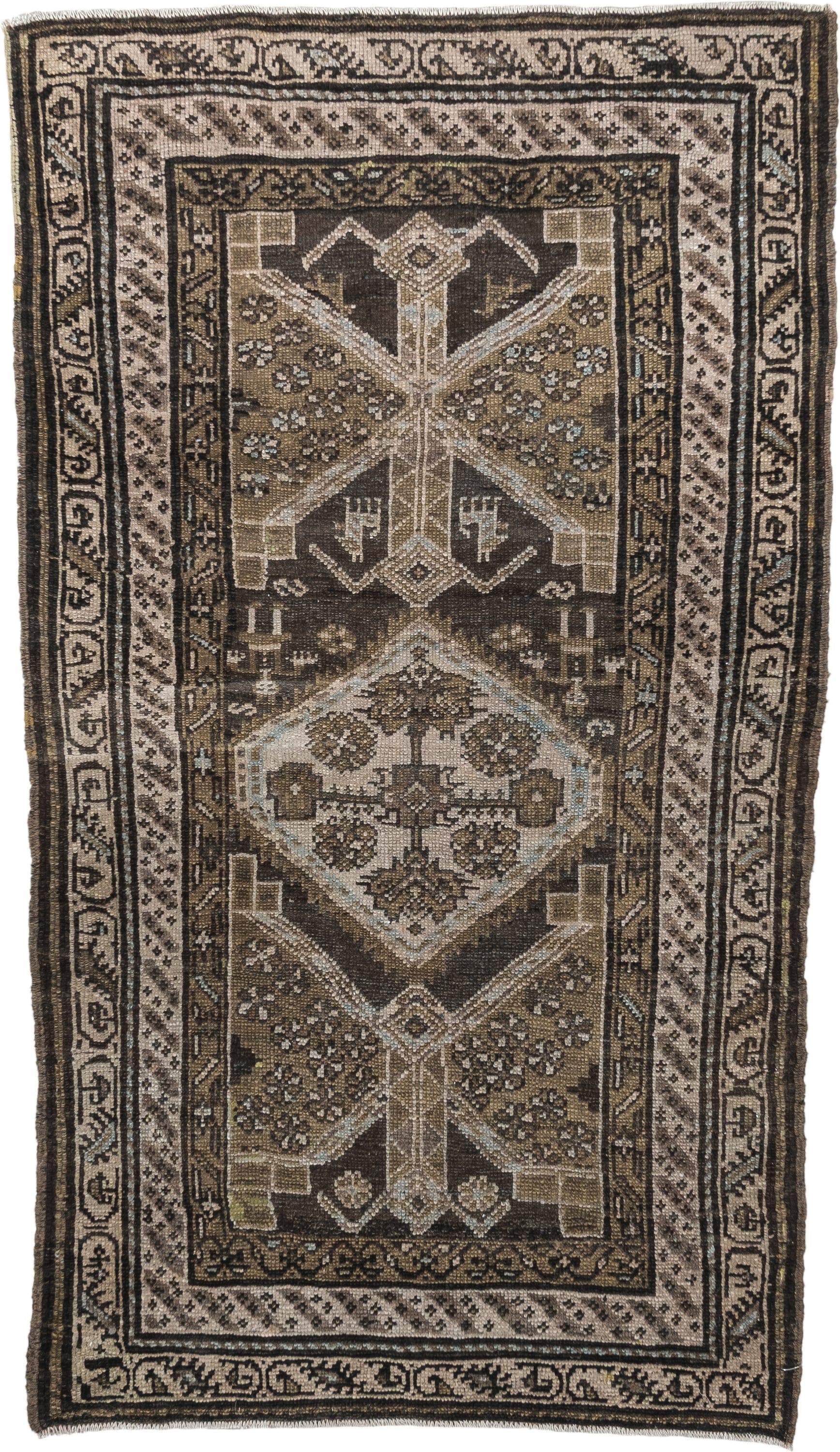 3' x 6' one-of-a-kind handmade antique Hamadan small size rug. Color palette: brown, ivory, taupe, charcoal, camel