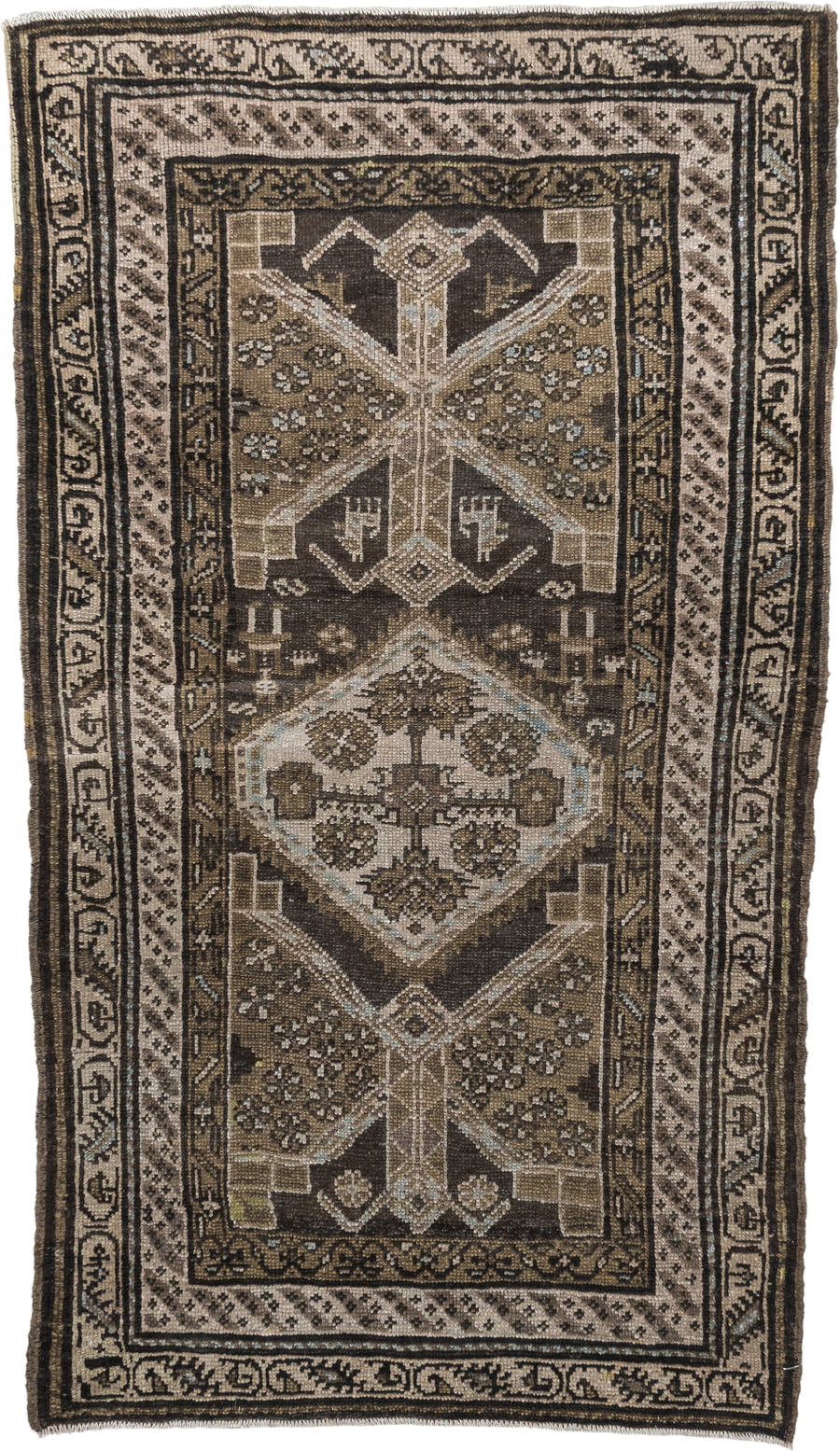 3' x 6' one-of-a-kind handmade antique Hamadan small size rug. Color palette: brown, ivory, taupe, charcoal, camel