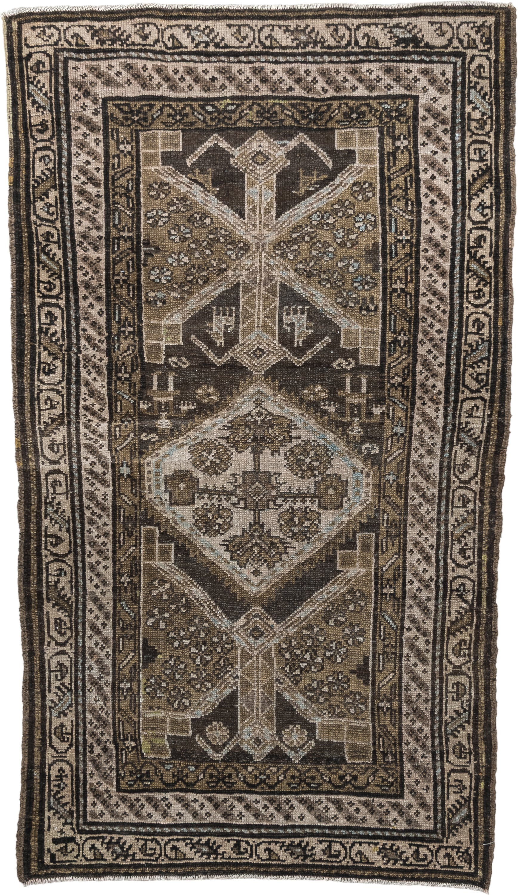 3' x 6' one-of-a-kind handmade antique Hamadan small size rug. Color palette: brown, ivory, taupe, charcoal, camel