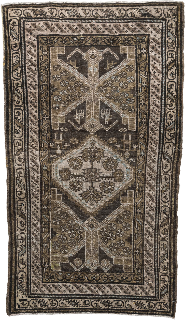 3' x 6' one-of-a-kind handmade antique Hamadan small size rug. Color palette: brown, ivory, taupe, charcoal, camel